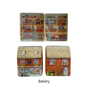 Front, back and inside view of the Bakery tin in the Dana Kubick Inside, Outside House Tin collection.