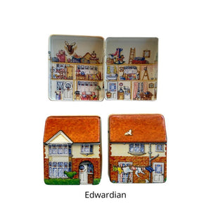 Front, back and inside view of the Edwardian tin in the Dana Kubick Inside, Outside House Tin collection.