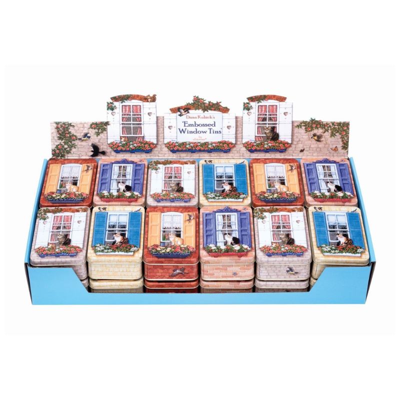 Display of Dana Kubick Embossed Window Tin showing illustrated windows with cats on windowsills.