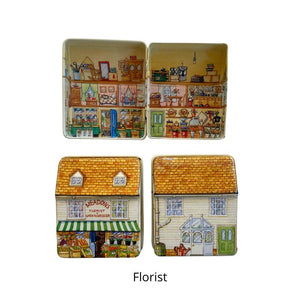 Front, back and inside view of the Florist tin in the Dana Kubick Inside, Outside House Tin collection.