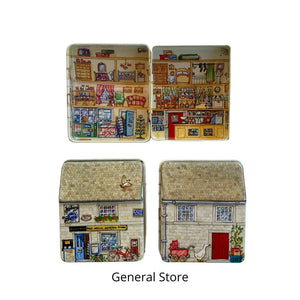 Front, back and inside view of the General Store tin in the Dana Kubick Inside, Outside House Tin collection.
