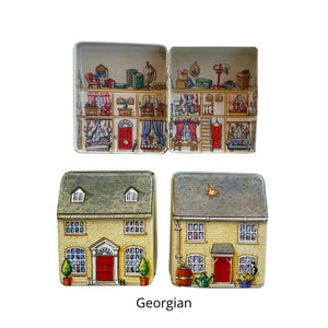 Front, back and inside view of the Georgian tin in the Dana Kubick Inside, Outside House Tin collection.