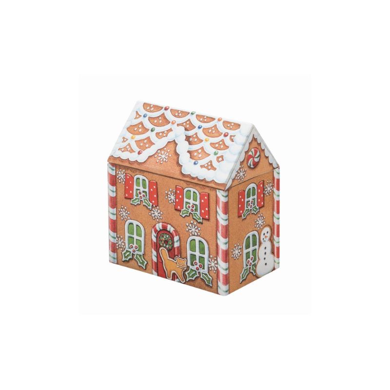 Large sized Dana Kubick Gingerbread House Tin featuring Christmas details.