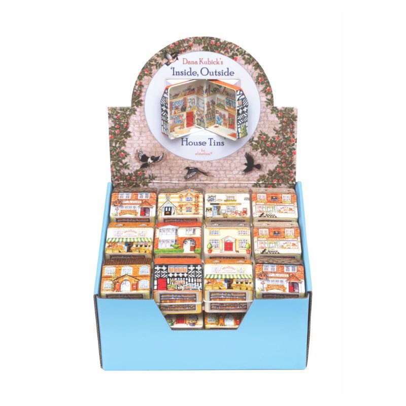 Display of 'Inside, Outside' house tin collection by Dana Kubick with a circular top showing the inside of the tudor tin.