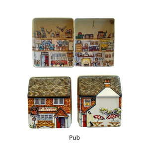 Front, back and inside view of the Pub tin in the Dana Kubick Inside, Outside House Tin collection.