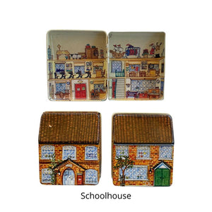 Front, back and inside view of the Schoolhouse tin in the Dana Kubick Inside, Outside House Tin collection.