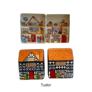 Front, back and inside view of the Tudor tin in the Dana Kubick Inside, Outside House Tin collection.
