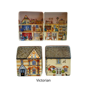 Front, back and inside view of the Victorian tin in the Dana Kubick Inside, Outside House Tin collection.