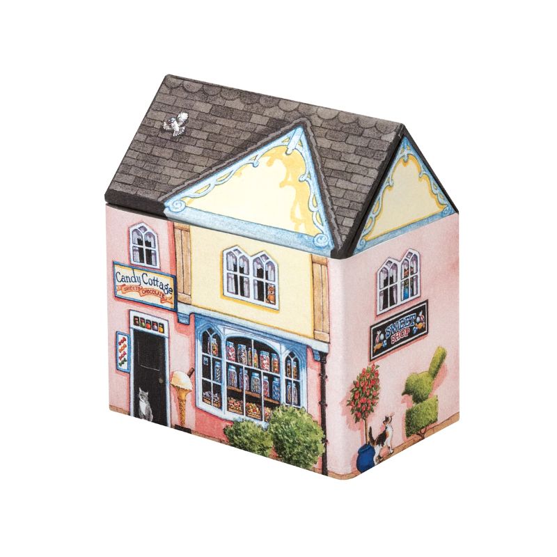 House shaped Dana Kubrick Sweet Shop Tin with removable roof in the large size.