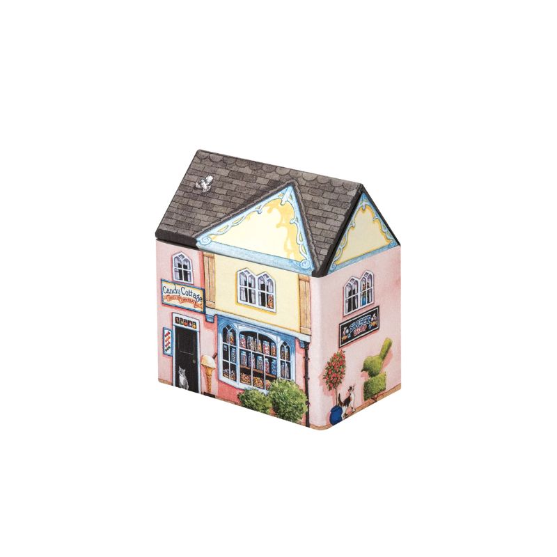 House shaped Dana Kubrick Sweet Shop Tin with removable roof in the large size.