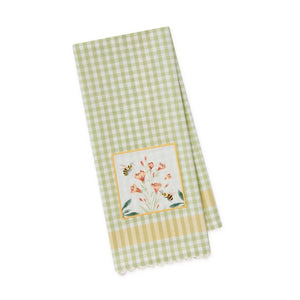 Design Imports Bee Garden Embellished Tea Towel - sage green gingham tea towel with butter yellow stripe, bee patch and trim.