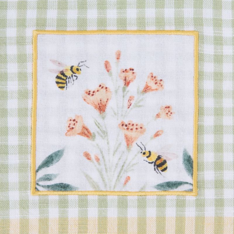 Design Imports Bee Garden Embellished Tea Towel - sage green gingham tea towel with butter yellow stripe, bee patch and trim.