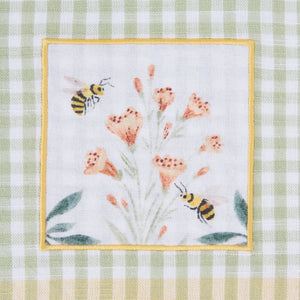 Close up of the bee patch on the Design Imports Bee Garden Embellished Tea Towel