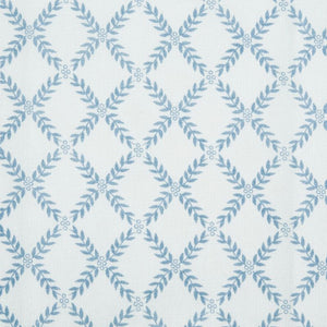 Close up of the Blue Trellis tea towel fabric in the Hydrangea Garden set by Design Imports.