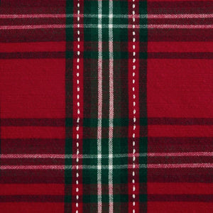 A close-up of a red plaid fabric with dark green and white stripes and dashed white vertical lines from the Design Imports Christmas Plaid Tea Towels set.