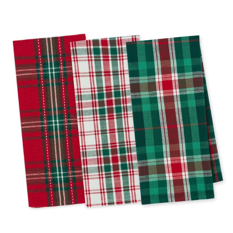 Set of three Design Imports Christmas Plaid Tea Towels on a white background.