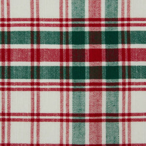A close-up of a plaid fabric pattern with red, and dark green on an off-white woven background from the Design Imports Christmas Plaid Tea Towels set