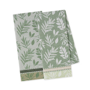 Set of two Design Imports Garden Greens Jacquard Tea Towels on a white background.