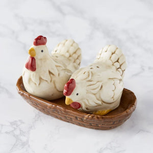 Design Imports Hens Nesting Salt & Pepper Shaker Set on a marble surface