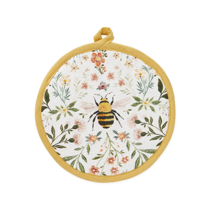 Front view of the Design Imports Honey Bee Meadow Pot Holder showing round shape and pocket  design.
