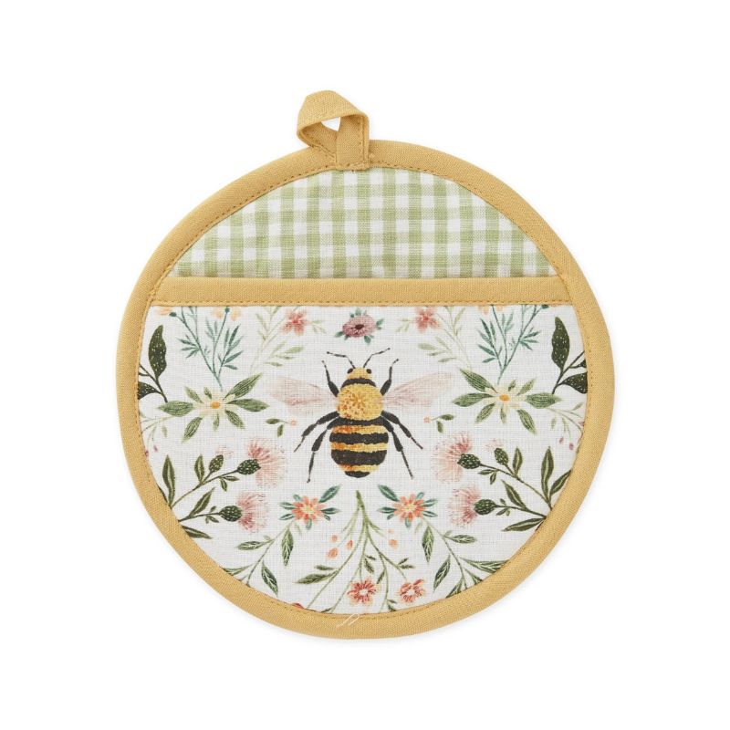 Front view of the Design Imports Honey Bee Meadow Pot Holder showing round shape and pocket  design.