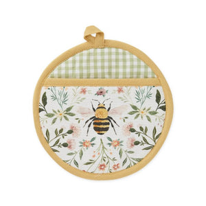 Front view of the Design Imports Honey Bee Meadow Pot Holder showing round shape and pocket  design.