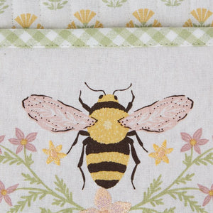 Close up of the front of the Design Imports Honey Bee Pot Holder showing bee motif and embroidered flowers.