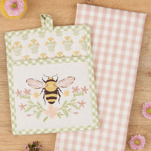 Design Imports Honey Bee Pot Holder Gift Set showing a bee and floral print pot holder with sage green gingham trim, and pink gingham tea towel.