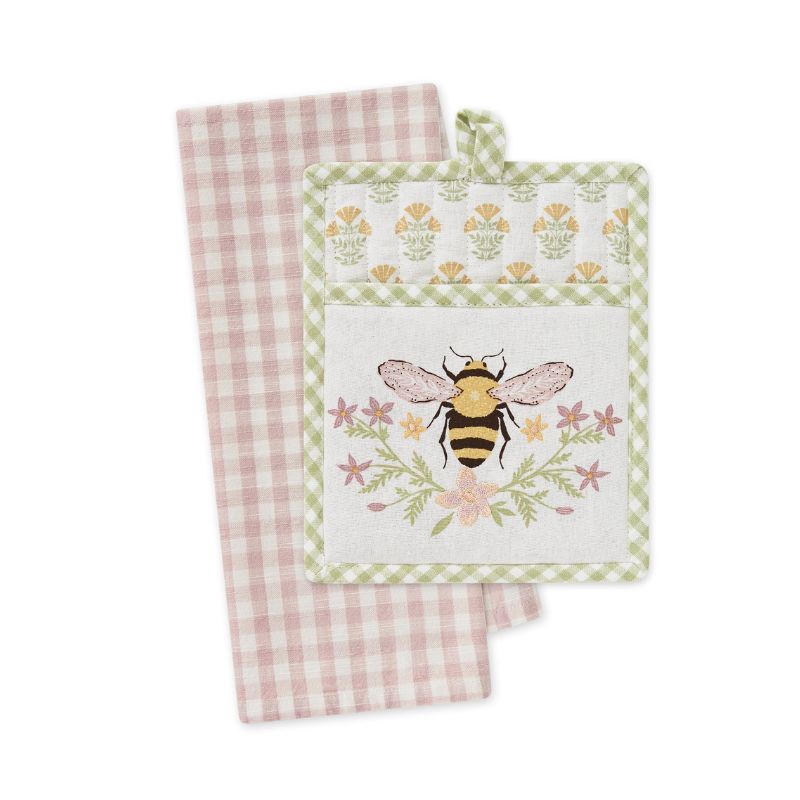 Design Imports Honey Bee Pot Holder Gift Set with bee themed pot holder and coordinating pink gingham tea towel.