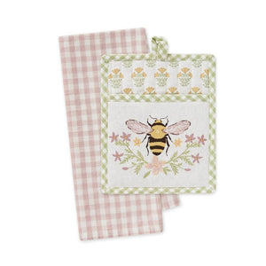 Design Imports Honey Bee Pot Holder Gift Set with bee themed pot holder and coordinating pink gingham tea towel.