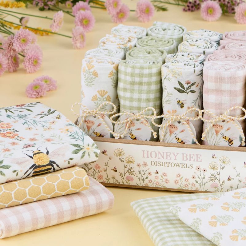 Design Imports Honey Bee Tea Towel Set feature five coordinating kitchen towels with a bee and garden theme.