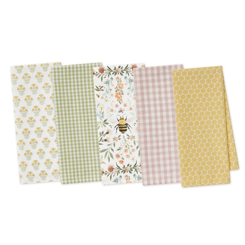 Design Imports Honey Bee Tea Towel Set feature five coordinating kitchen towels with a bee and garden theme.