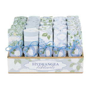 Box of Design Imports Hydrangea Garden Tea Towels in display box – gift tags shown on each tea towel.