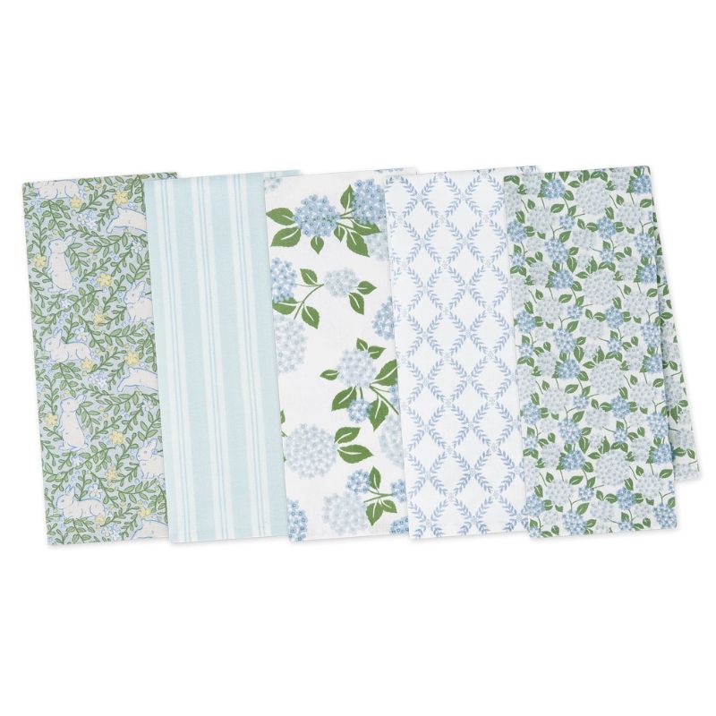 Set of five hydrangea themed tea towels by Design Imports, shown on a white background.