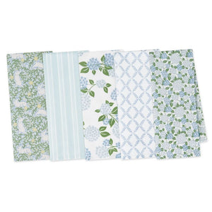 Set of five hydrangea themed tea towels by Design Imports, shown on a white background.
