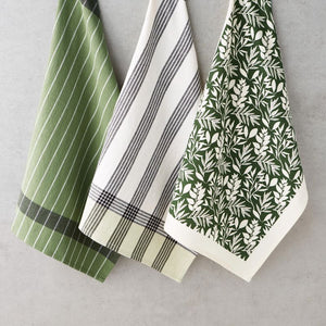 Set of 3 Design Imports Terrarium Flour Sack Tea Towels displayed hanging against a wall.