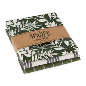 Set of 3 Design Imports Terrarium Flour Sack Tea Towels in retail packaging.