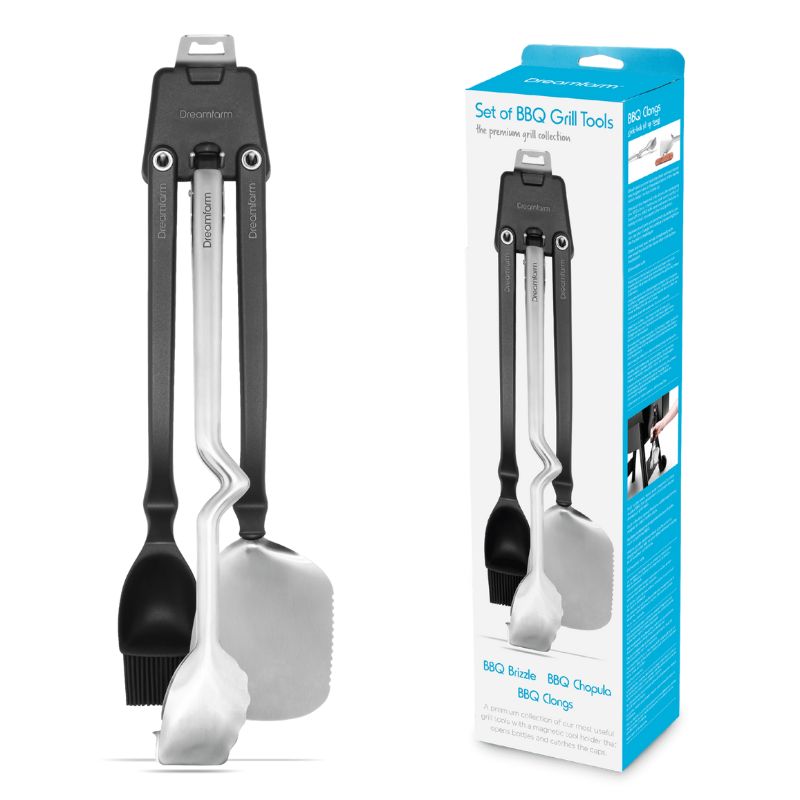 Dreamfarm BBQ Grill Tools Set packaging showing BBQ spatula, tongs, basting brush, and bottle opener.