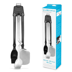 Dreamfarm BBQ Grill Tools Set packaging showing BBQ spatula, tongs, basting brush, and bottle opener.