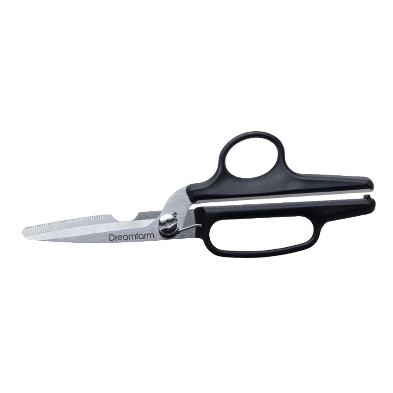 Dreamfarm Bishears – stainless steel kitchen scissors with black handles shown on a white background.