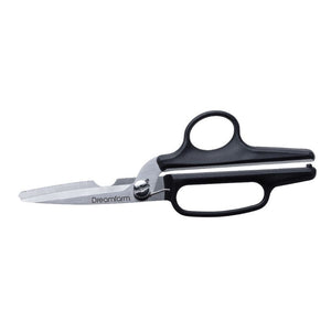 Dreamfarm Bishears – stainless steel kitchen scissors with black handles shown on a white background.