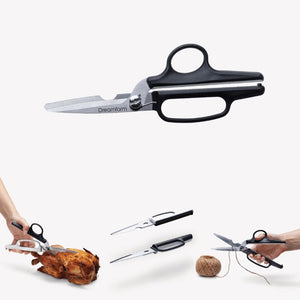 Illustration of the Dreamfarm Bishears showing them used as kitchen scissors, pulled apart and then put back together to use as shears.