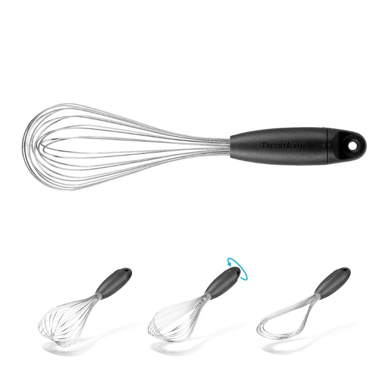 Dreamfarm Flisk balloon whisk standing upright, shown in standard whisking position