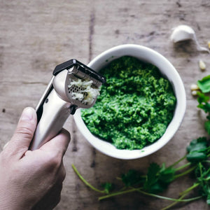 Using Dreamfarm Garject garlic press over a bowl of pesto - best garlic press NZ