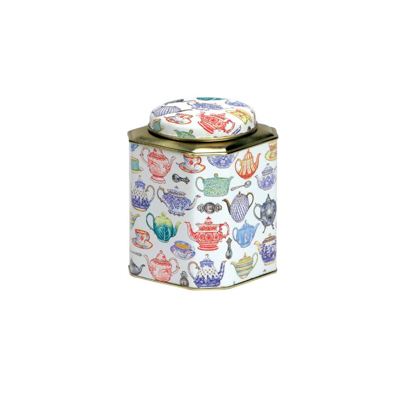 The decorative Teapots Dome Tea Caddy by Elite Tins featuring vintage teapots and teacups