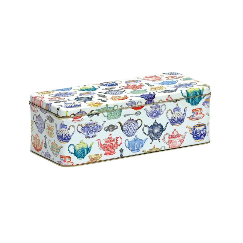 Elite Teapot Rectangular Storage Tin featuring vintage teapots and teacups