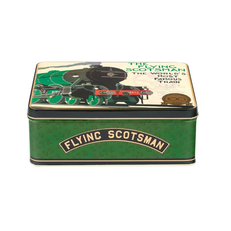 Elite Tins Flying Scotsman Biscuit Tin, deep rectangular shape with green sides and train artwork on lid.