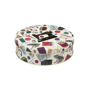 Elite Tins Needle & Thread Medium Round Tin with vintage sewing machine and classic sewing notion print.