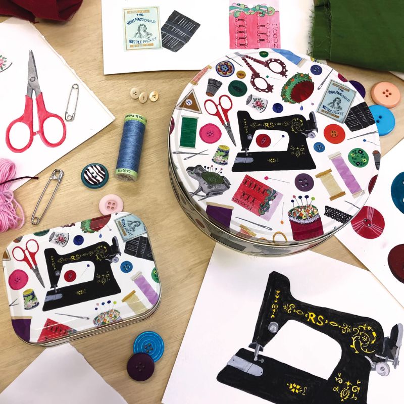 Elite Tins Needle & Thread Small Rectangular Tin - a decorative tin box with sewing-themed design.