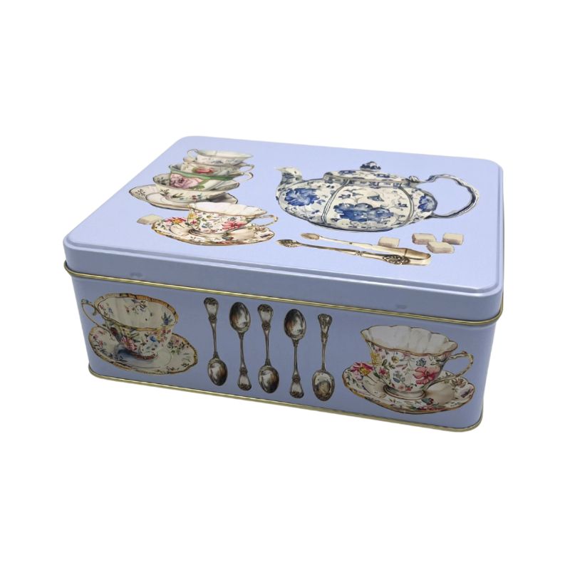 Elite Tins One Sugar Please Biscuit Tin - blue tin with vintage tea cups, tea pot and teaspoons.